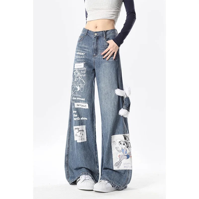 Black Jeans Women's New Rabbit Cartoon Patch High Waist Loose Straight Casual Wide Leg Pants