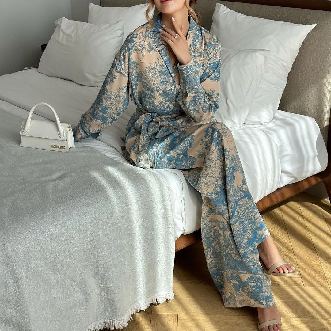 Chic French Printed Lace-Up Shirt & High-Waisted Wide Leg Pants Set for Women - New Fashionable Long Sleeved Ensemble