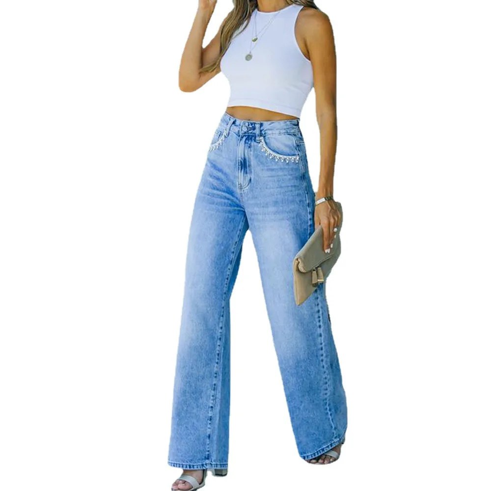 Effortlessly Chic: Women's Loose Denim Pants with Petal Pocket Detail