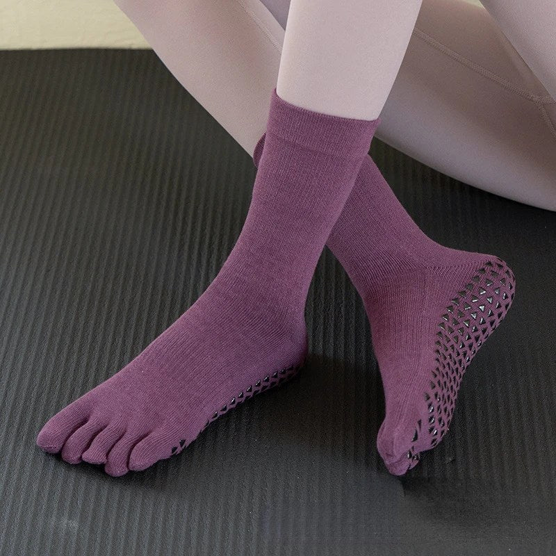 Women's Anti-Slip Five Finger Yoga Socks - Long Tube Pilates Fitness Sports Socks for Indoor Use