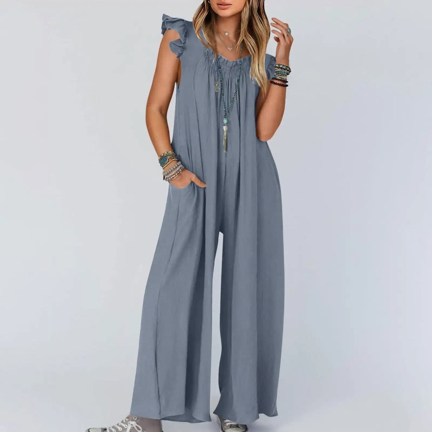 2024 Spring/Summer casual jumpsuits for Women's Jumpsuit: Stylish Pocket Long Casual Shoulder Strap Wide Leg Clothing