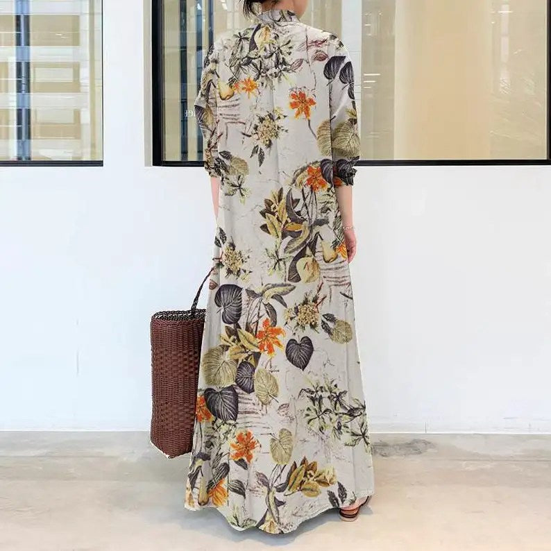 Upgrade Your Wardrobe with Our New Style Cotton and Linen Print Long Shirt Dress - Perfect for Casual and Comfortable Days!