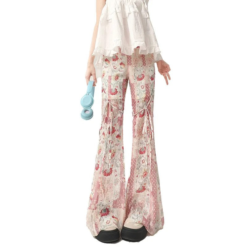 Pink Ice Silk Micro-pull Pants Women's Summer Thin Cool Casual High-waisted Speaker Slim Long Pants