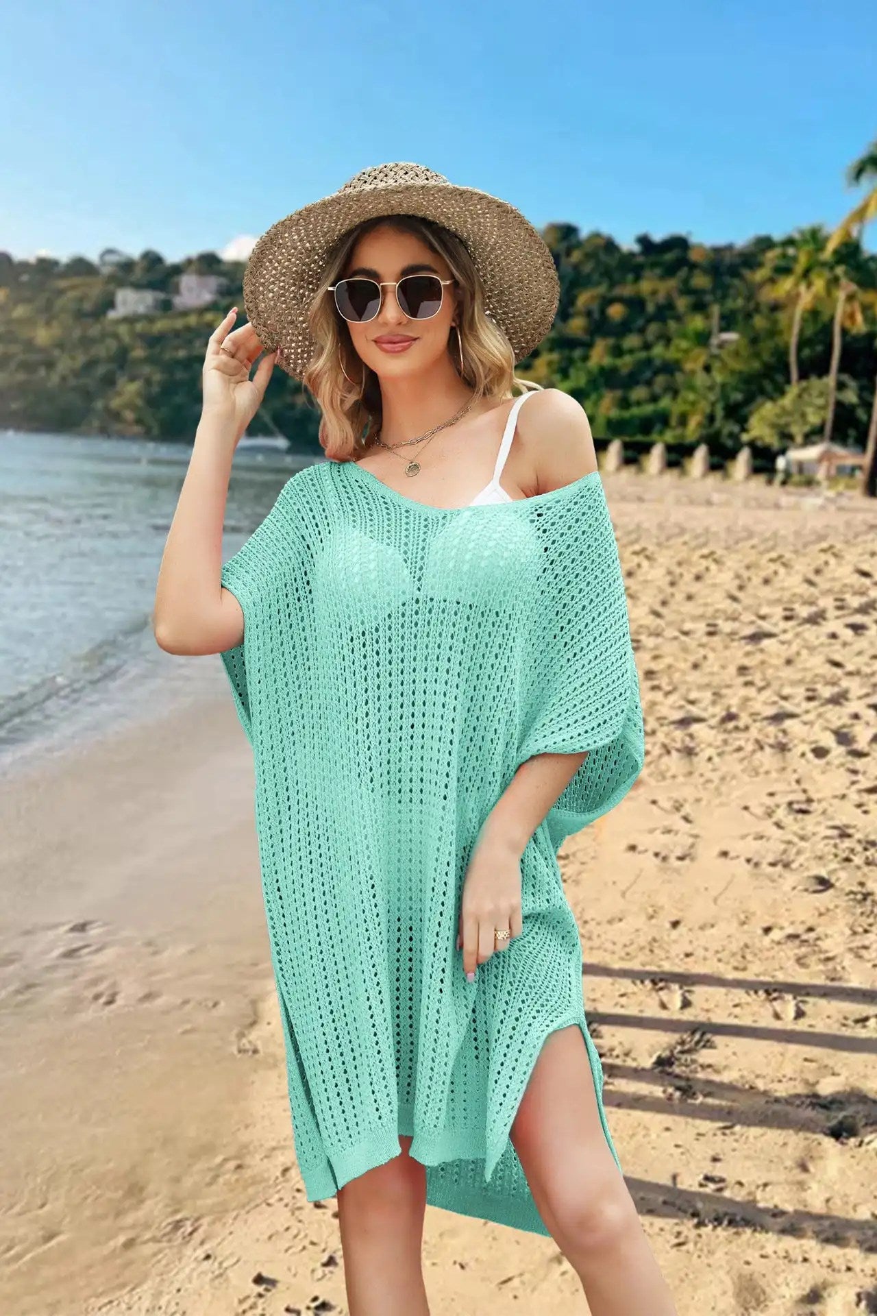 Stylish and Comfortable: 2024 Spring Summer Plus Size Beach Cover Up Dress with Cutout Splicing and Hollow Out Design