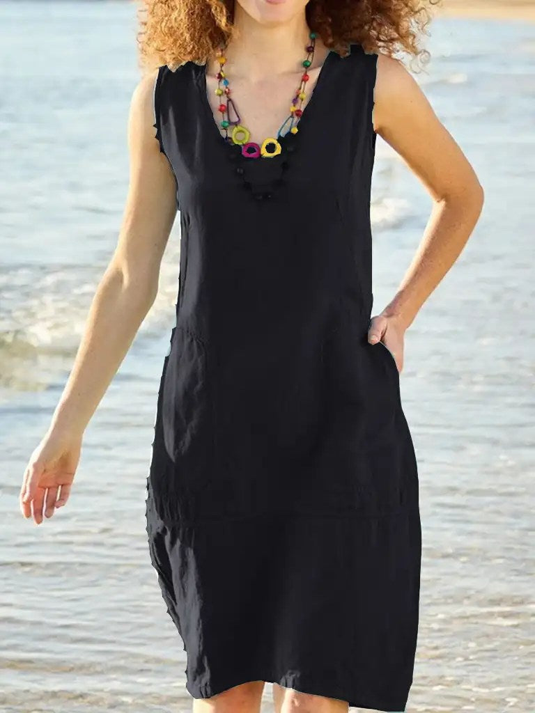 2024 Summer Fashion: Cotton and Linen U-Neck Women Dress in Solid Color - Perfect for Adventures!