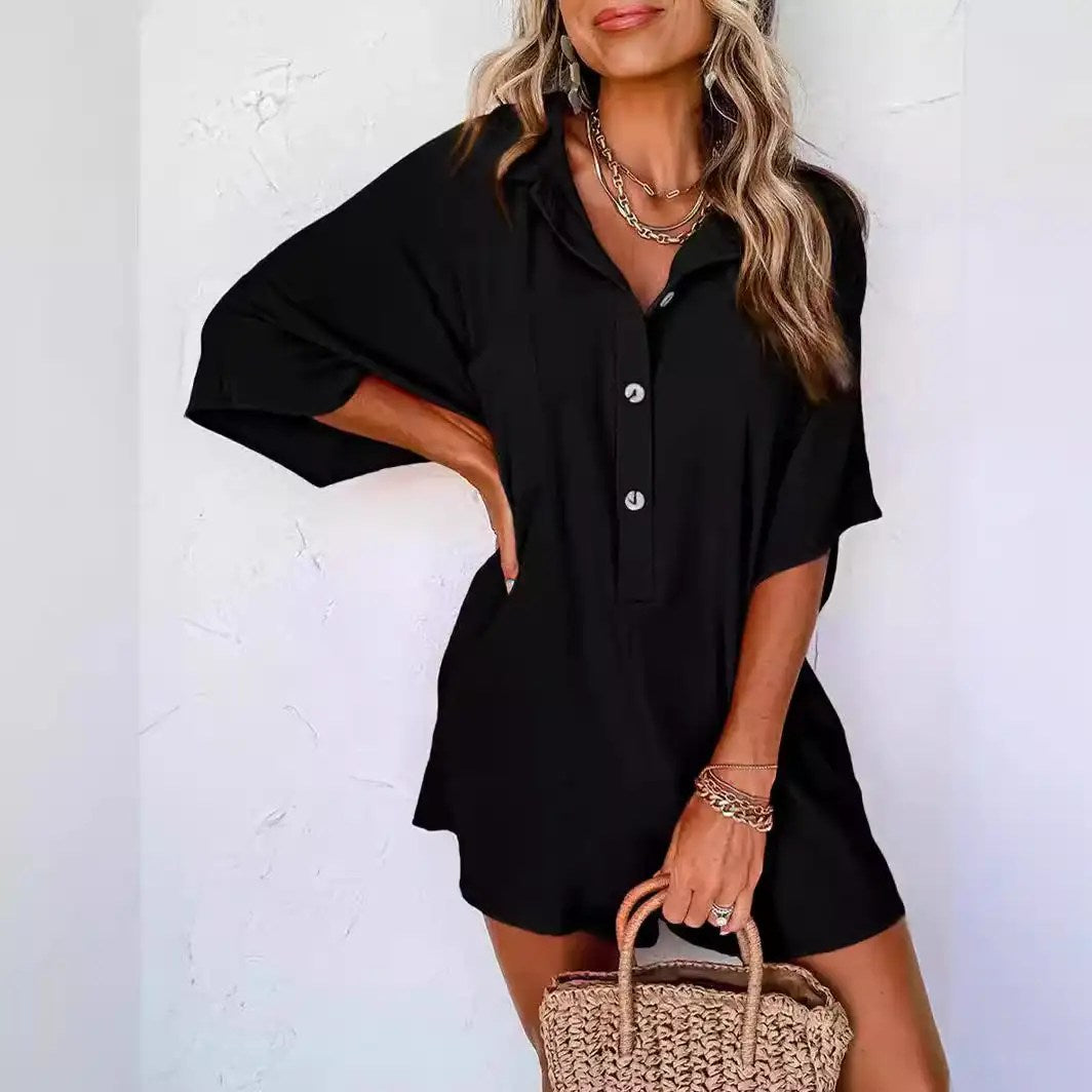 2024 Summer Women's Shirt Jumpsuit: Comfortable, Loose Fit with Split Sleeves and Pocket Detail