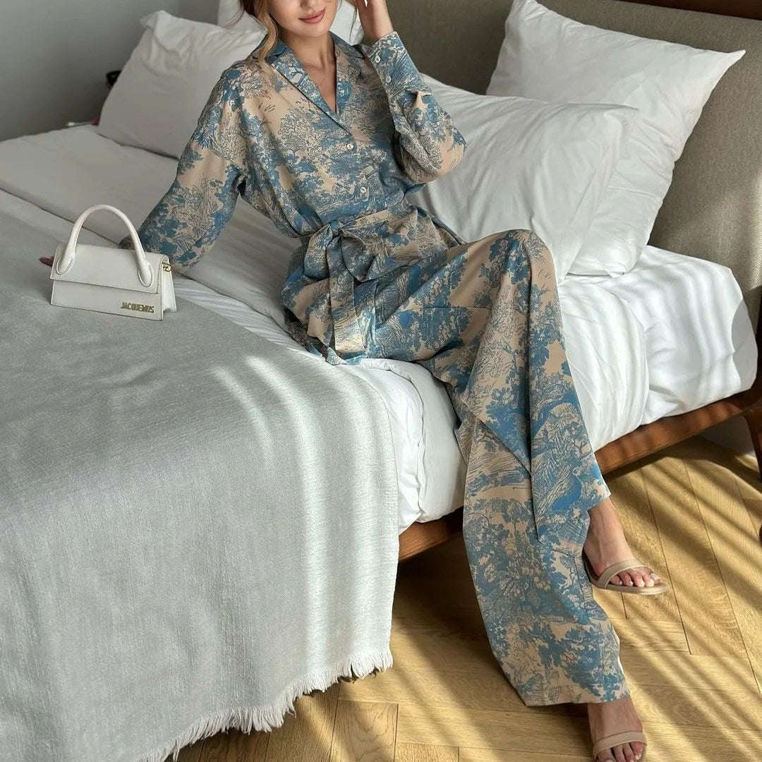 Chic French Printed Lace-Up Shirt & High-Waisted Wide Leg Pants Set for Women - New Fashionable Long Sleeved Ensemble