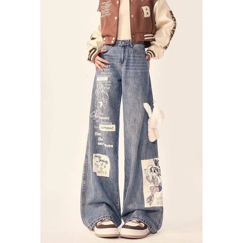Black Jeans Women's New Rabbit Cartoon Patch High Waist Loose Straight Casual Wide Leg Pants