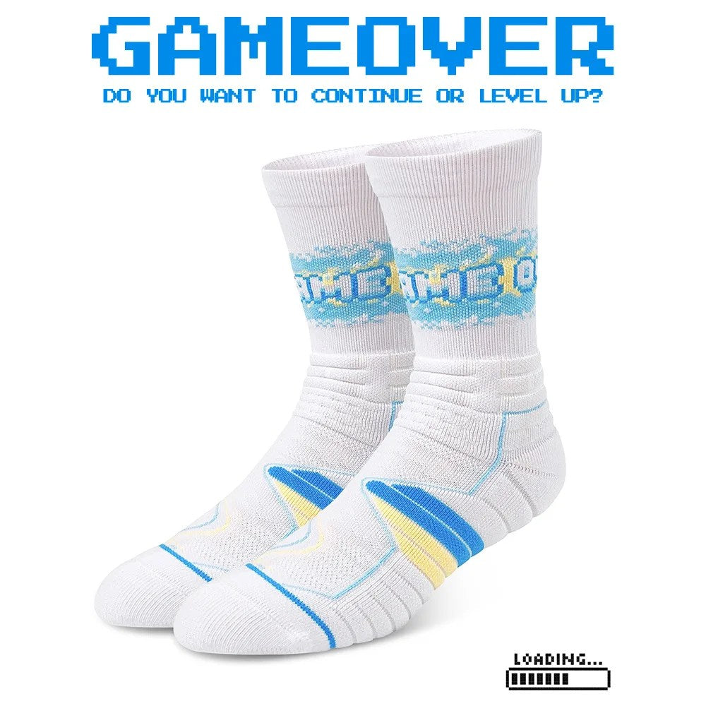 High-Top Elite Basketball Socks with Towel Bottom, Breathable Casual GAME OVER Design for Men and Women