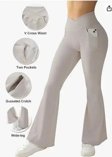 2024's Must-Have: Women's Sexy Ribbed Cross Yoga Pants with Pockets and High Waisted Flared Design