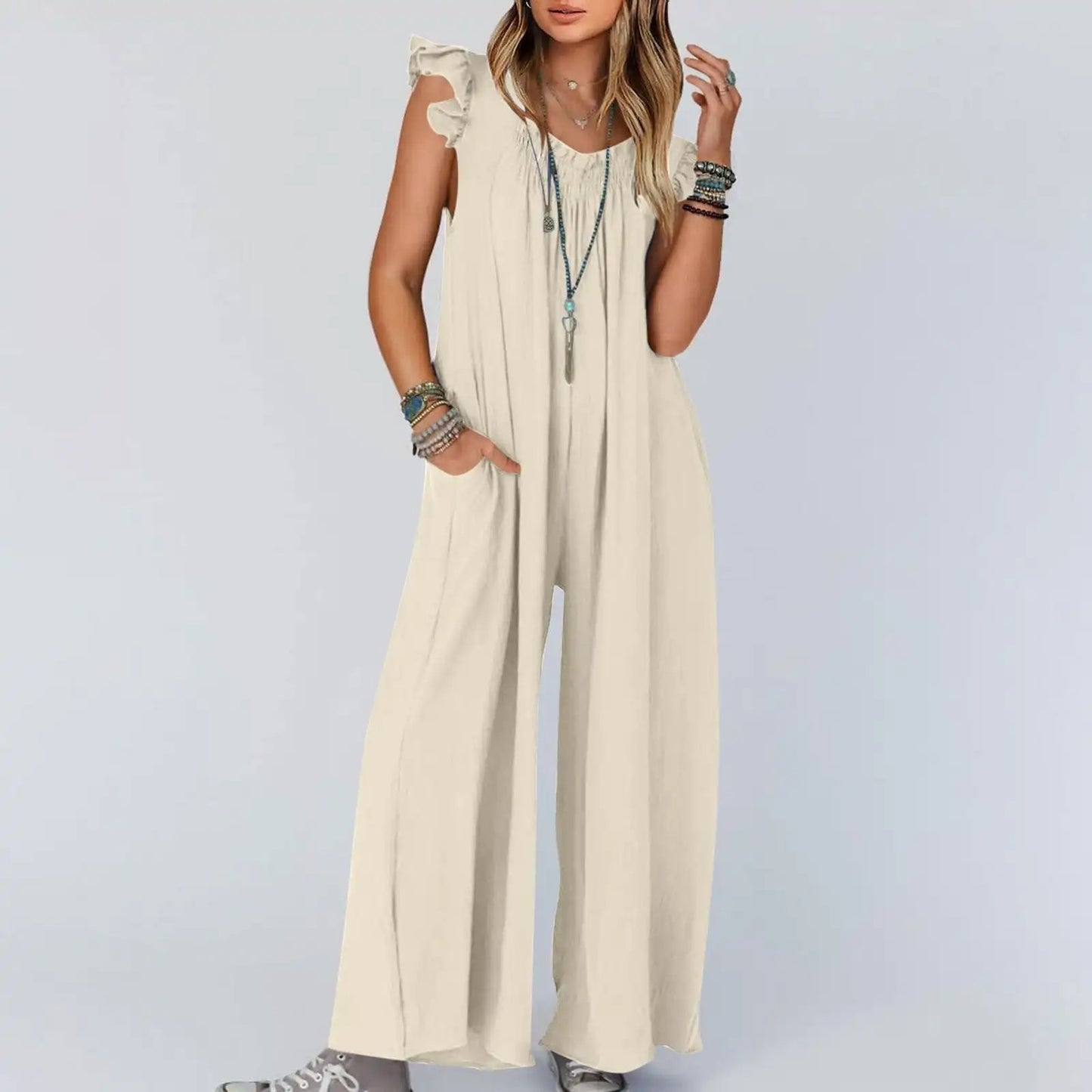 2024 Spring/Summer casual jumpsuits for Women's Jumpsuit: Stylish Pocket Long Casual Shoulder Strap Wide Leg Clothing