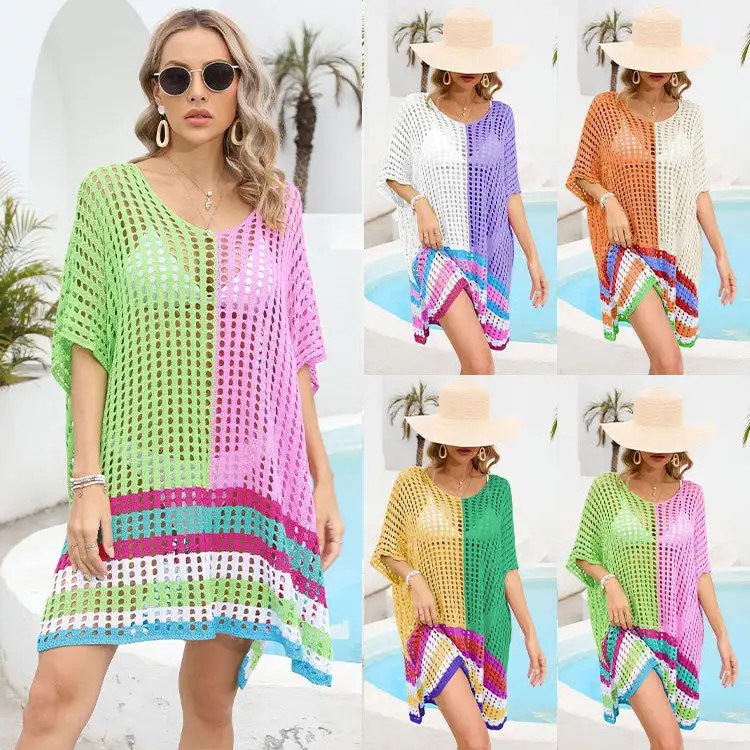 2024 Summer Women's Beach Dresses Cover Up: Spliced Hollow Skirt in Loose Size for Bikini and Beach Dress