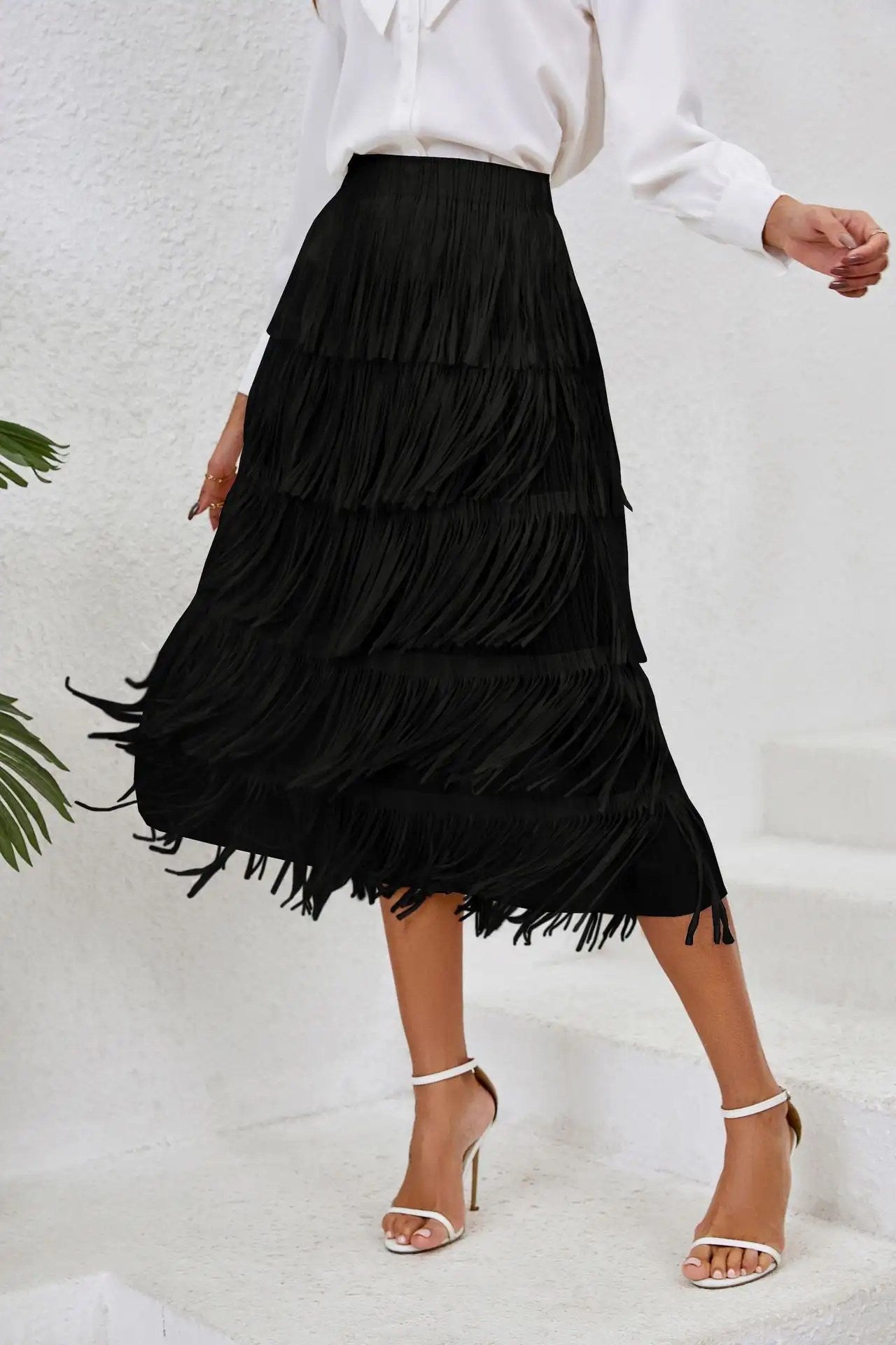 2024 Spring/Summer Women's Fringe Half Skirt: Chic Mid-Length Elastic Waist Style