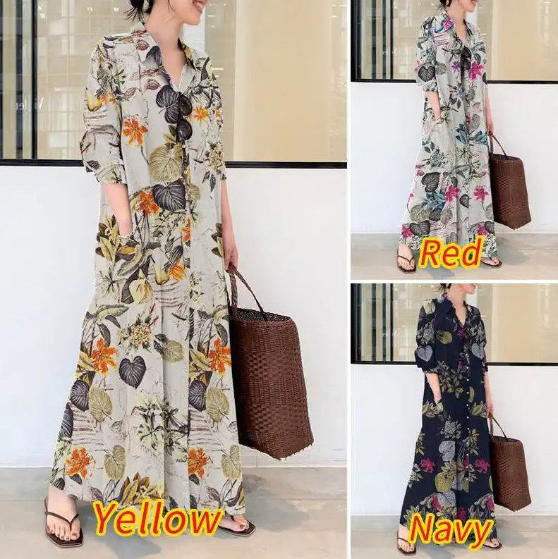 Upgrade Your Wardrobe with Our New Style Cotton and Linen Print Long Shirt Dress - Perfect for Casual and Comfortable Days!