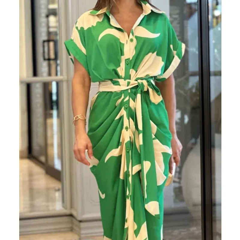 2024 Women's Printed High Waisted Cardigan Dress with Irregular Long Skirt - Short Sleeved Fashion Statement