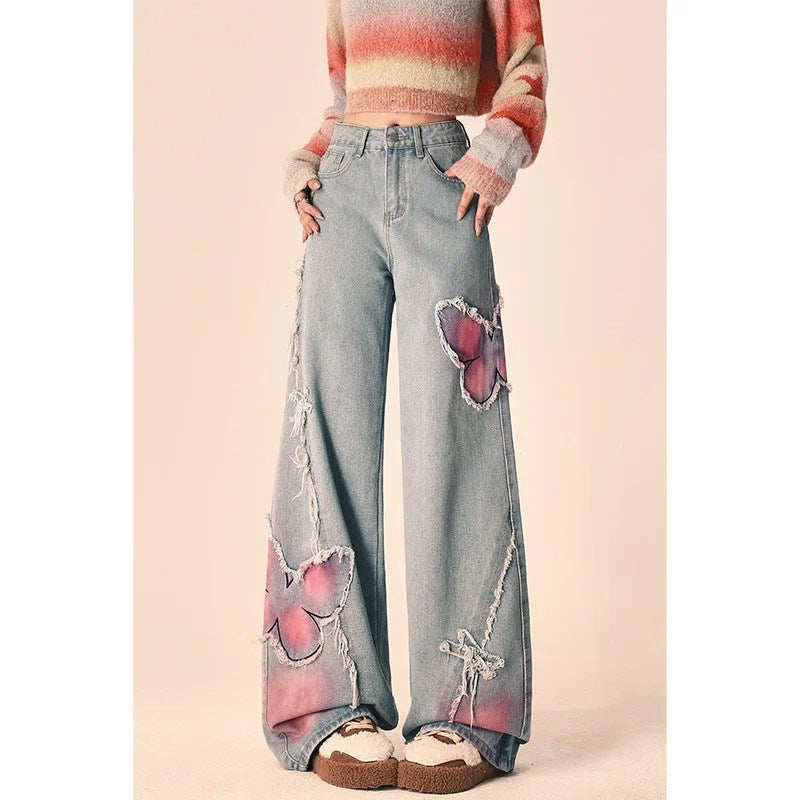 Winter thickened butterfly burr jeans women's autumn and winter design sense high waist narrow version wide leg straight pants