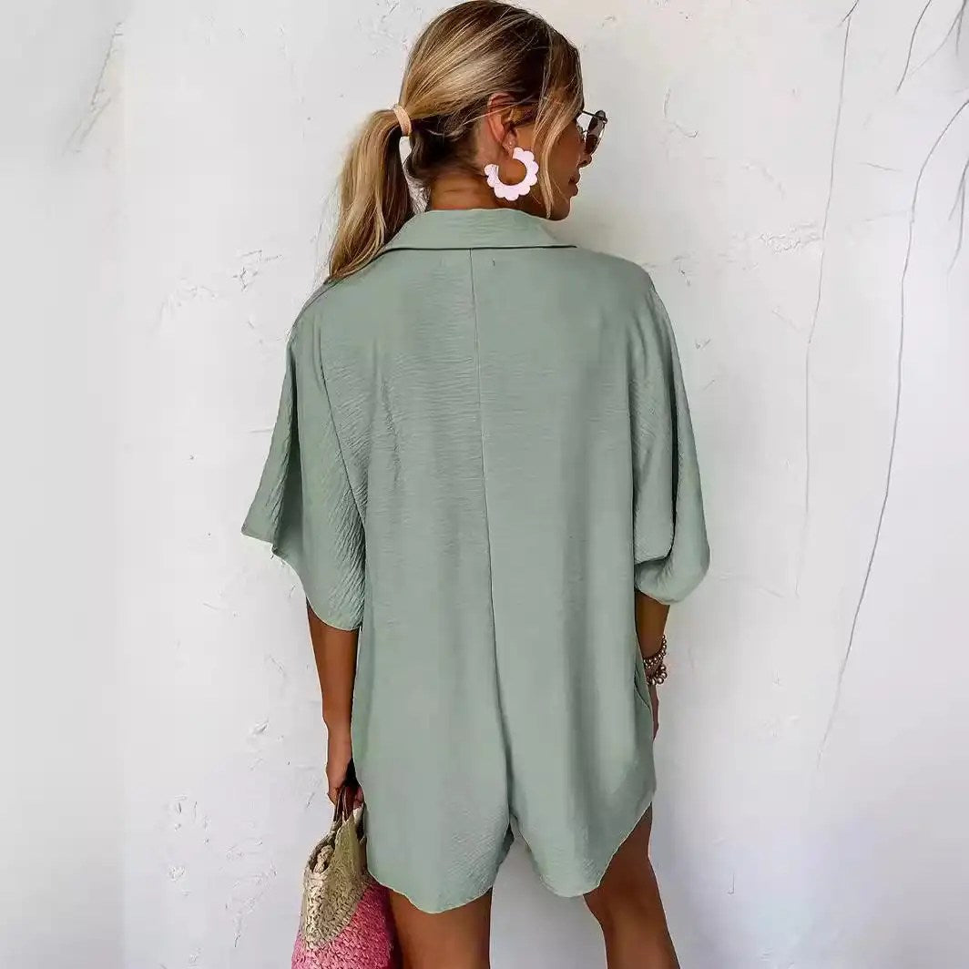2024 Summer Women's Shirt Jumpsuit: Comfortable, Loose Fit with Split Sleeves and Pocket Detail