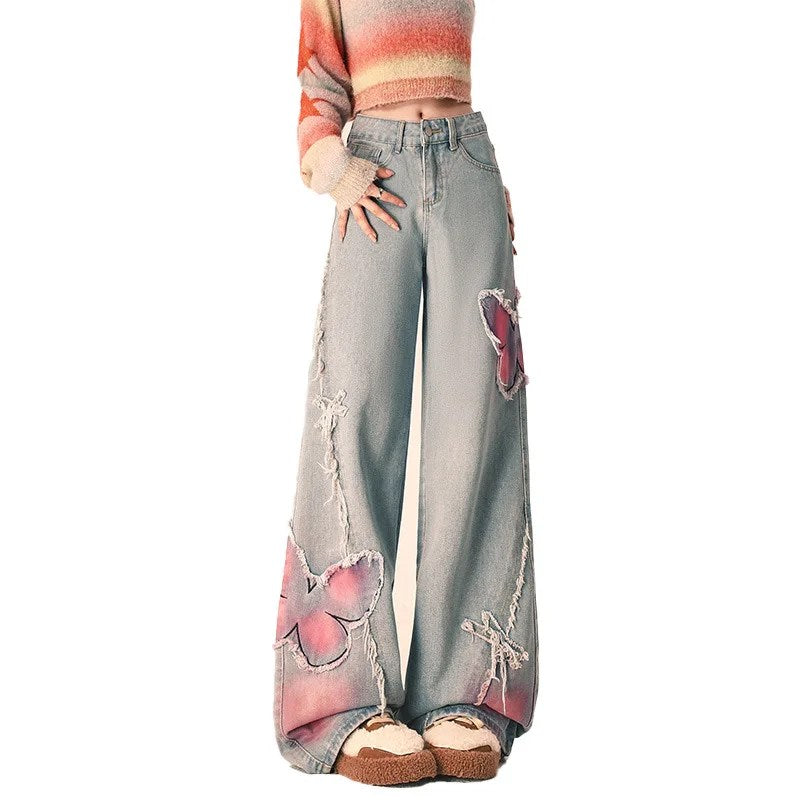 Winter thickened butterfly burr jeans women's autumn and winter design sense high waist narrow version wide leg straight pants
