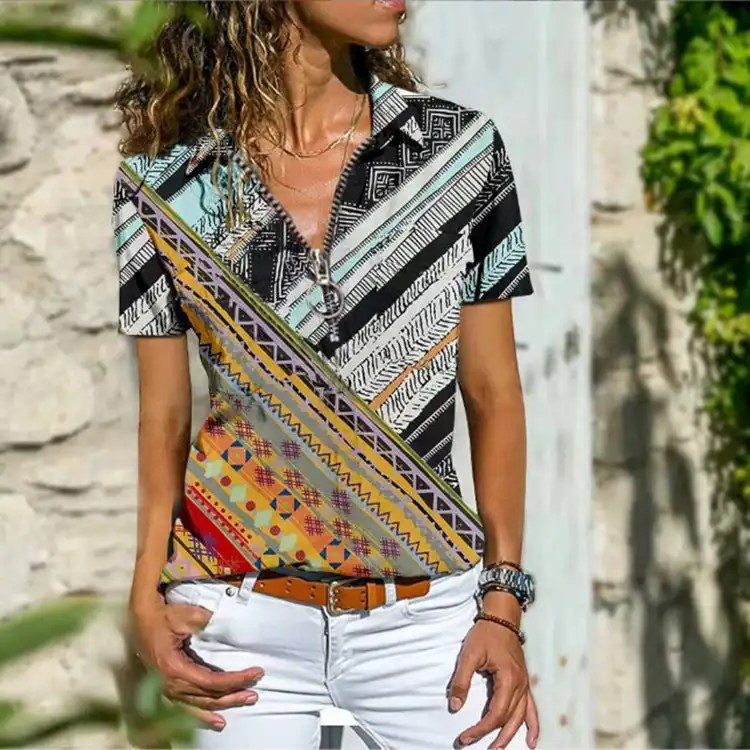 Bohemian Western Ethnic Style T-shirt for Women With Zippered- Hot Seller!