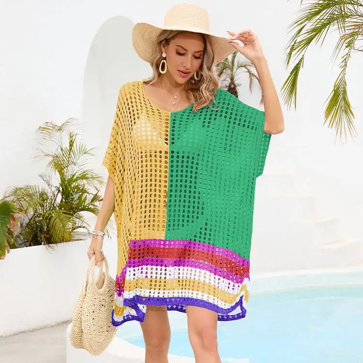 2024 Summer Women's Beach Dresses Cover Up: Spliced Hollow Skirt in Loose Size for Bikini and Beach Dress