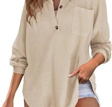 2024 Spring Fashion: Waffle Womens Shirts with Solid Color Lapel and Pocket Detail