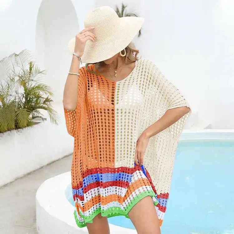 2024 Summer Women's Beach Dresses Cover Up: Spliced Hollow Skirt in Loose Size for Bikini and Beach Dress