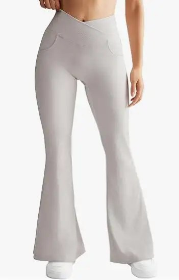 2024's Must-Have: Women's Sexy Ribbed Cross Yoga Pants with Pockets and High Waisted Flared Design