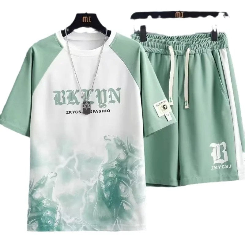 Men's Summer Casual Sports Suit - Loose Large Size, Ice Silk Short Sleeves Tshirt and Shorts - Handsome Teen Waffle Design