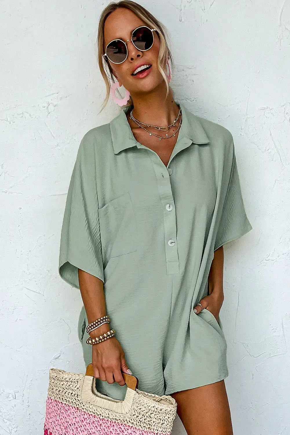 2024 Summer Women's Shirt Jumpsuit: Comfortable, Loose Fit with Split Sleeves and Pocket Detail