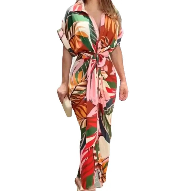2024 Women's Printed High Waisted Cardigan Dress with Irregular Long Skirt - Short Sleeved Fashion Statement