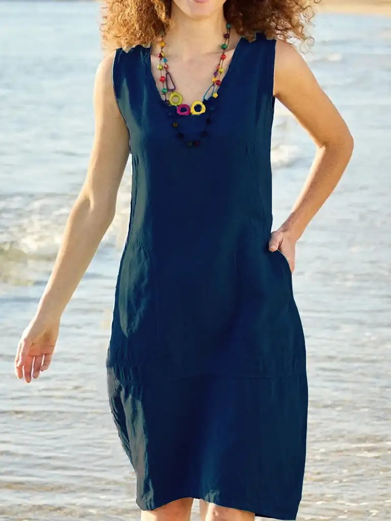 2024 Summer Fashion: Cotton and Linen U-Neck Women Dress in Solid Color - Perfect for Adventures!