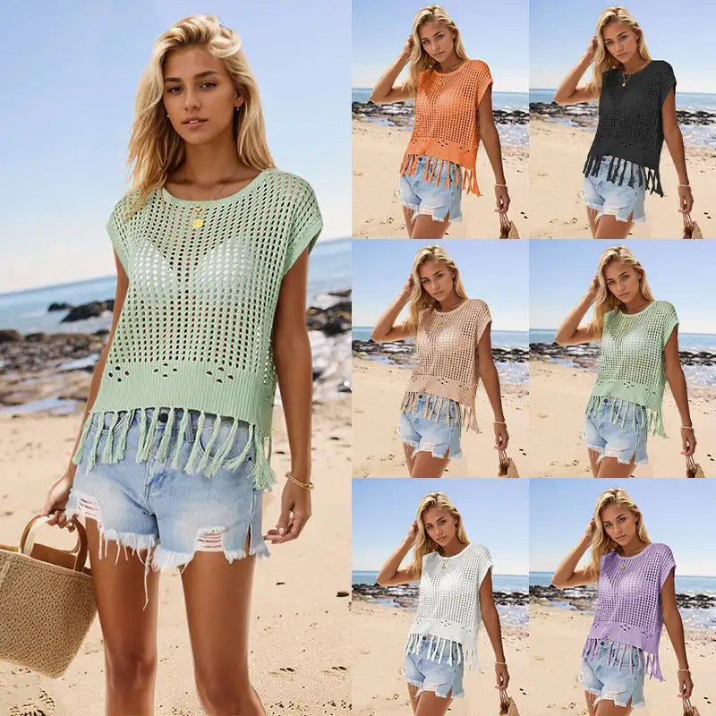 2024 Summer Vacation: Handmade Tassel Summer Tank Top with Hollow Out Knit Design