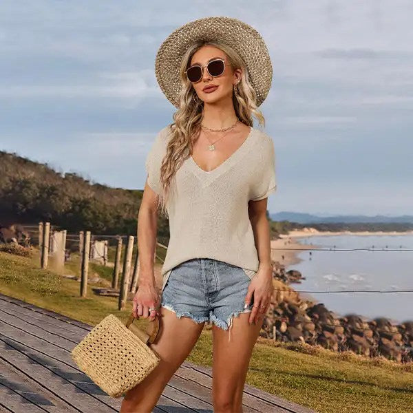 2024 Summer V-neck Cap Sleeve Knit T-shirt Women's: Loose & Casual