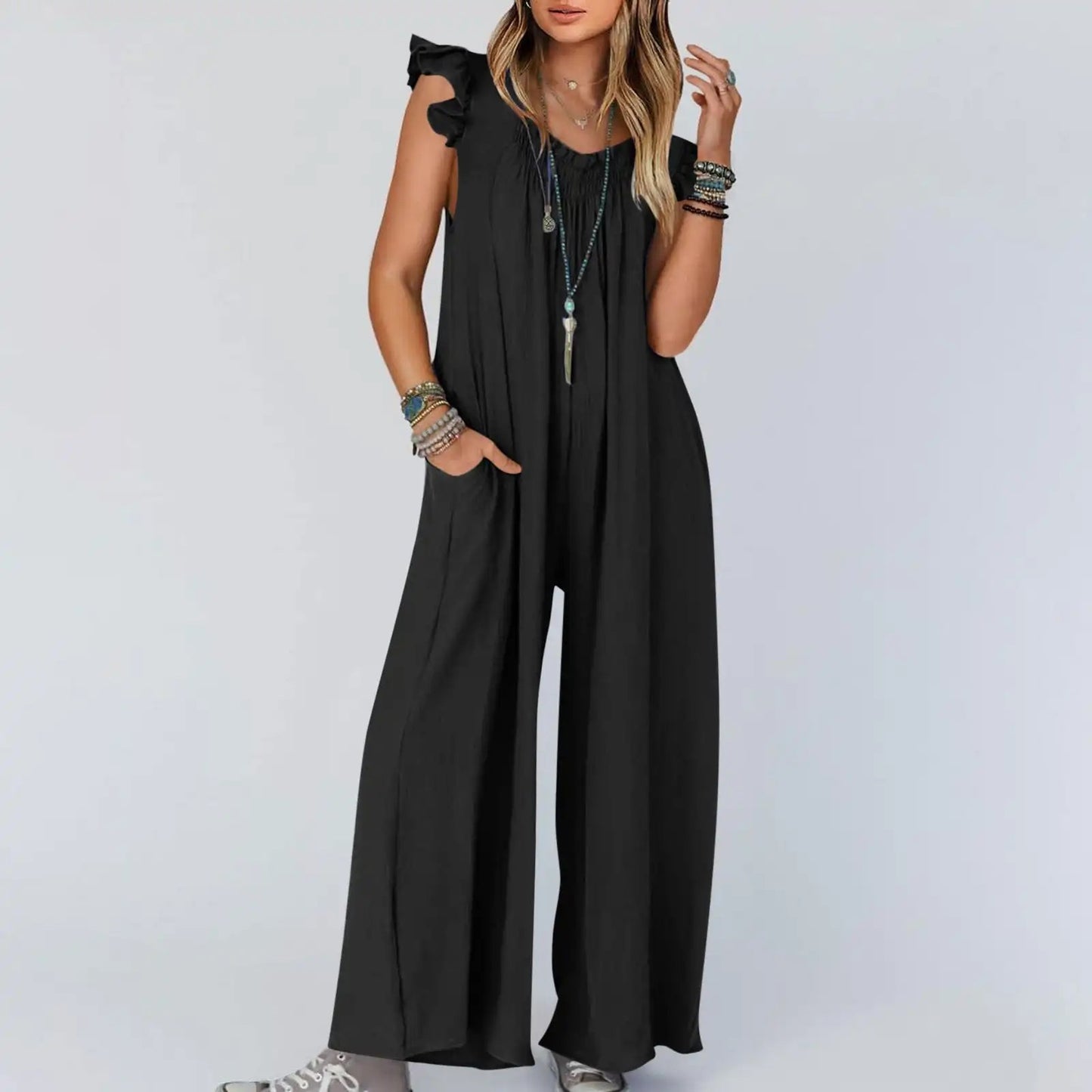 2024 Spring/Summer casual jumpsuits for Women's Jumpsuit: Stylish Pocket Long Casual Shoulder Strap Wide Leg Clothing