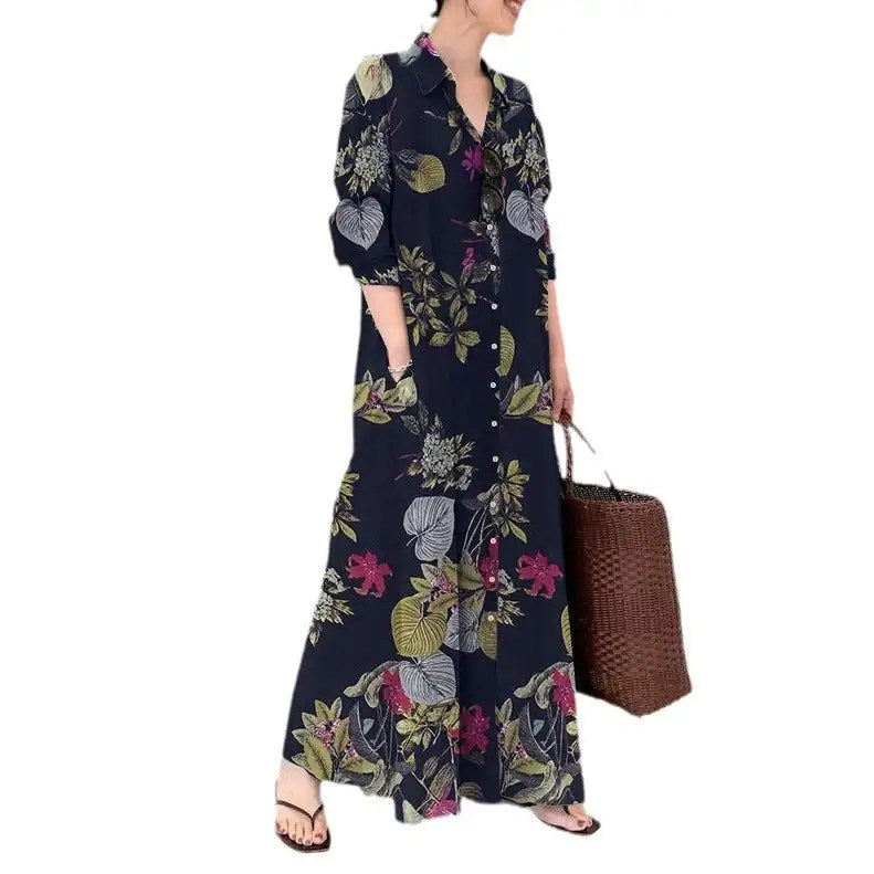 Upgrade Your Wardrobe with Our New Style Cotton and Linen Print Long Shirt Dress - Perfect for Casual and Comfortable Days!