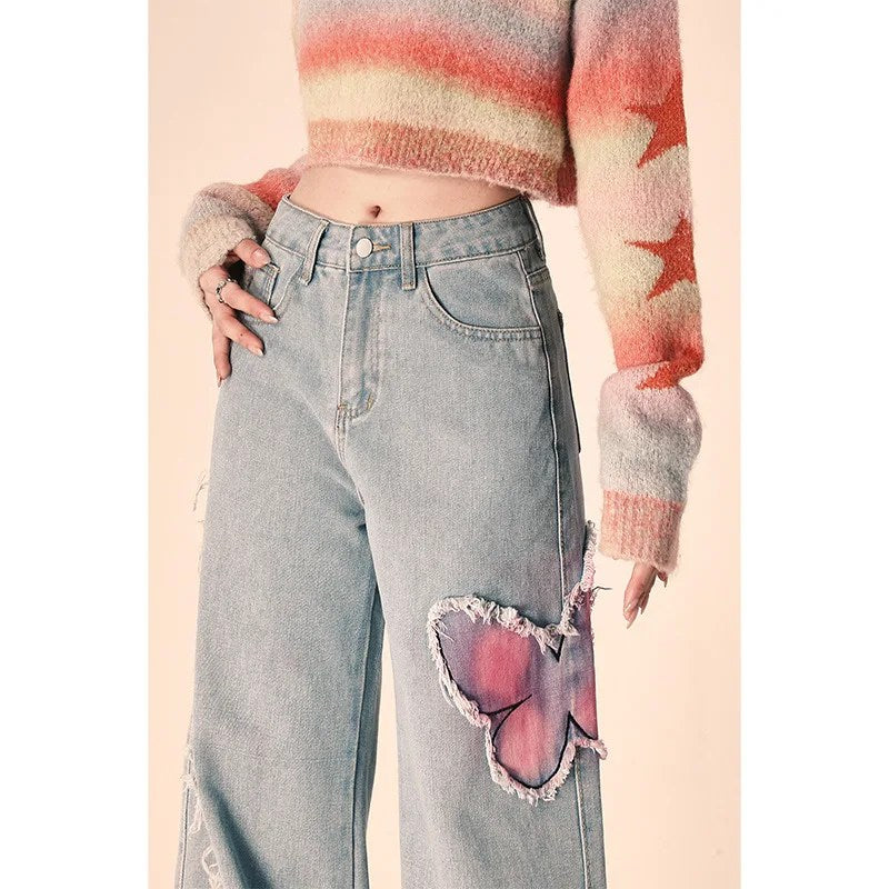 Winter thickened butterfly burr jeans women's autumn and winter design sense high waist narrow version wide leg straight pants