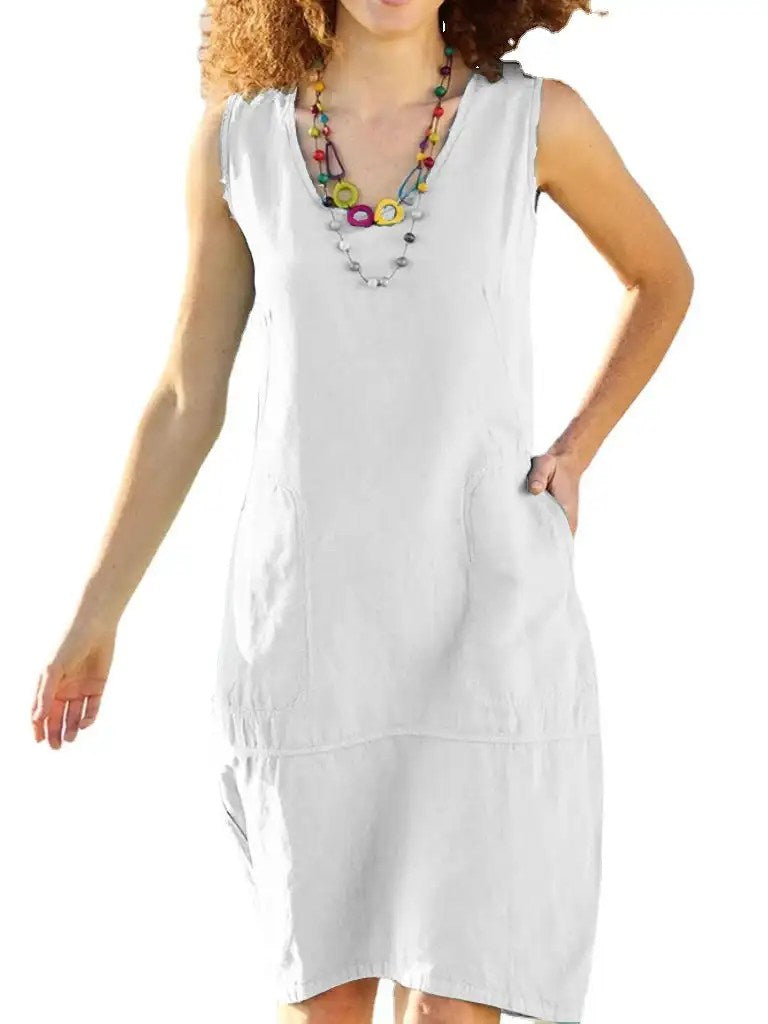 2024 Summer Fashion: Cotton and Linen U-Neck Women Dress in Solid Color - Perfect for Adventures!