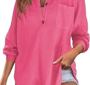2024 Spring Fashion: Waffle Womens Shirts with Solid Color Lapel and Pocket Detail