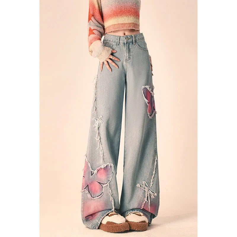 Winter thickened butterfly burr jeans women's autumn and winter design sense high waist narrow version wide leg straight pants