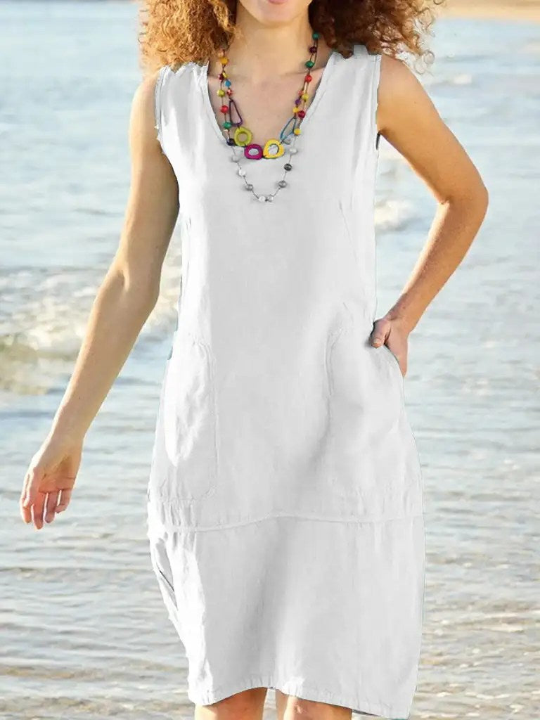 2024 Summer Fashion: Cotton and Linen U-Neck Women Dress in Solid Color - Perfect for Adventures!