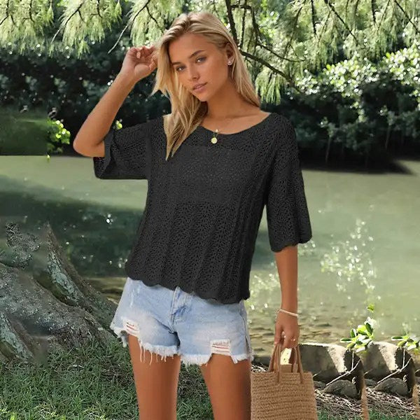 2024 Summer New Round Neck Mesh Knit Tshirt for Casual Women - Hollow Out & Large Size