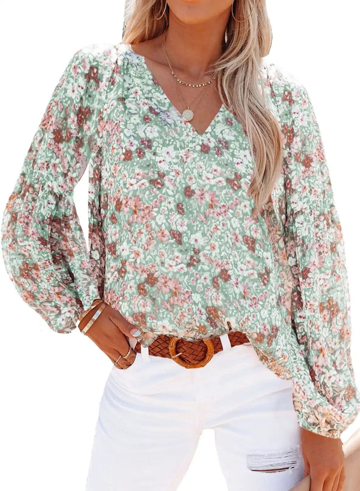 Stylish and Chic: Women's V-Neck Chiffon Shirt with Lantern Sleeves and Blood Floral Print