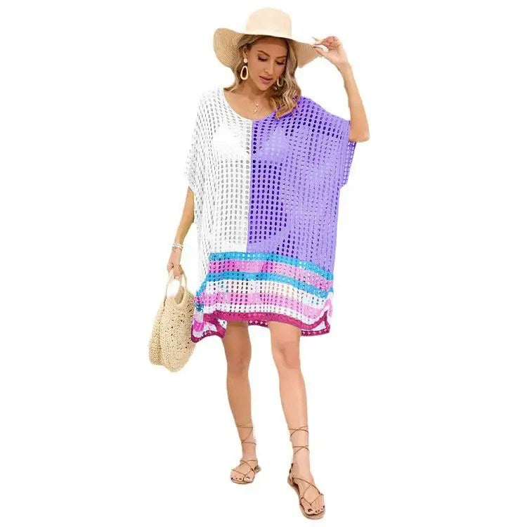 2024 Summer Women's Beach Dresses Cover Up: Spliced Hollow Skirt in Loose Size for Bikini and Beach Dress