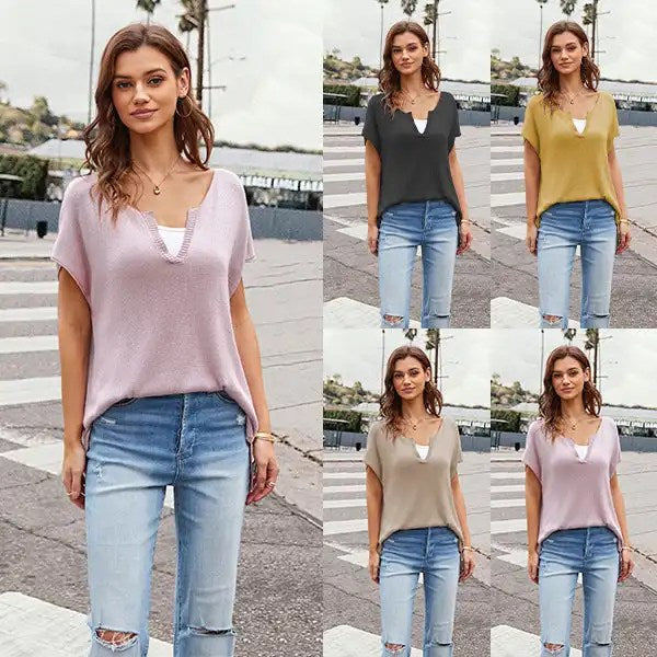 2024 Spring Summer Fashion: Plus Size V-neck Knit T-shirt for Casual Comfort