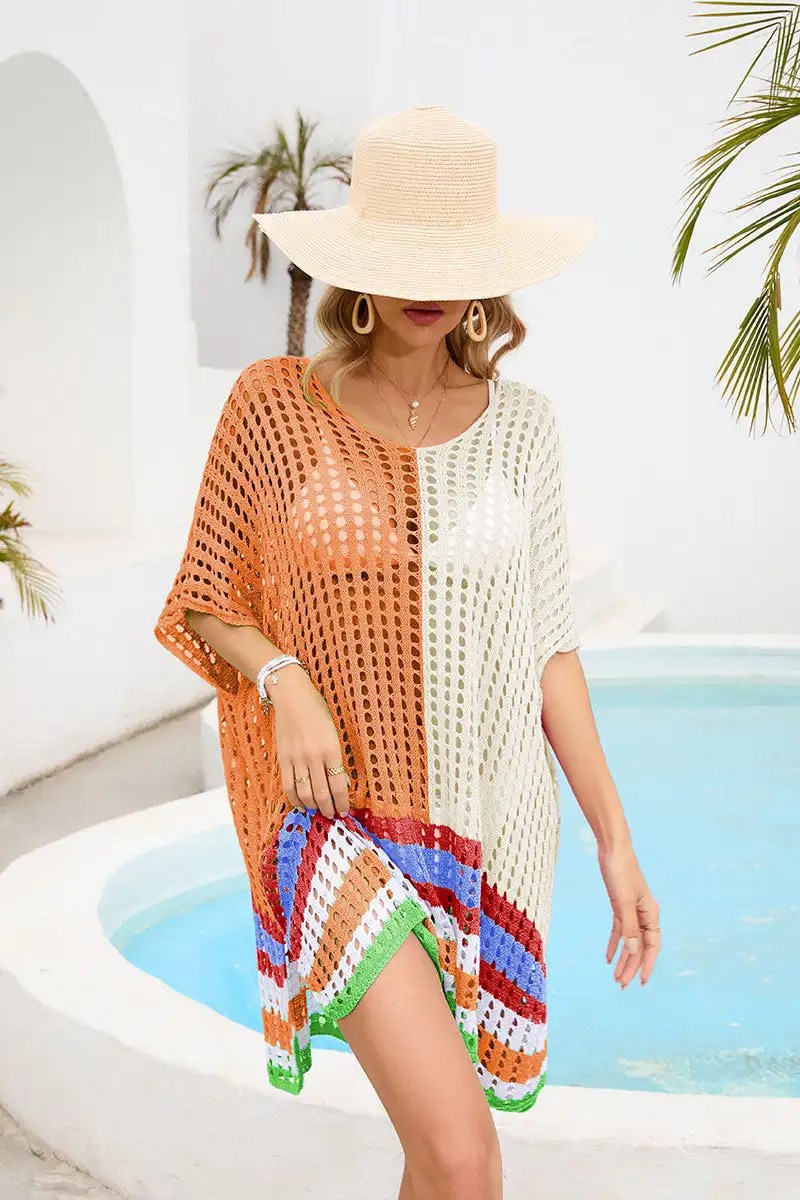 2024 Summer Women's Beach Dresses Cover Up: Spliced Hollow Skirt in Loose Size for Bikini and Beach Dress