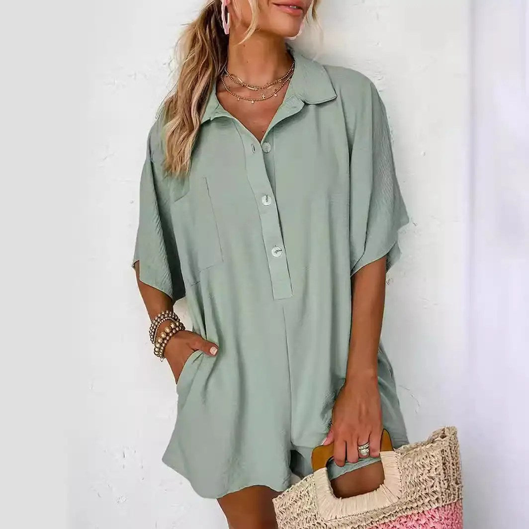 2024 Summer Women's Shirt Jumpsuit: Comfortable, Loose Fit with Split Sleeves and Pocket Detail