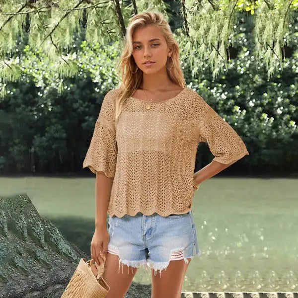 2024 Summer New Round Neck Mesh Knit Tshirt for Casual Women - Hollow Out & Large Size
