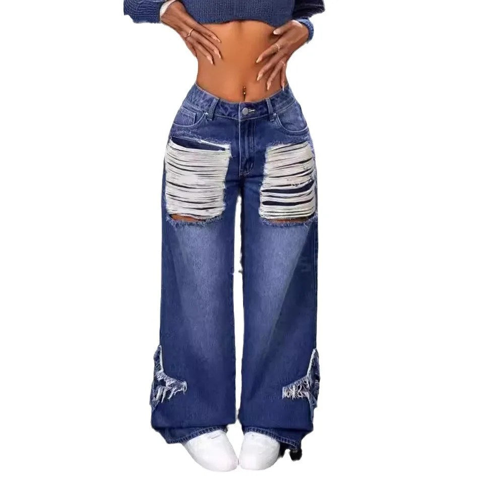 Blue Jeans Women's Autumn and Winter Star Sticker Fringed Rough Edge Large Size Loose Straight Casual Wide Legs Long