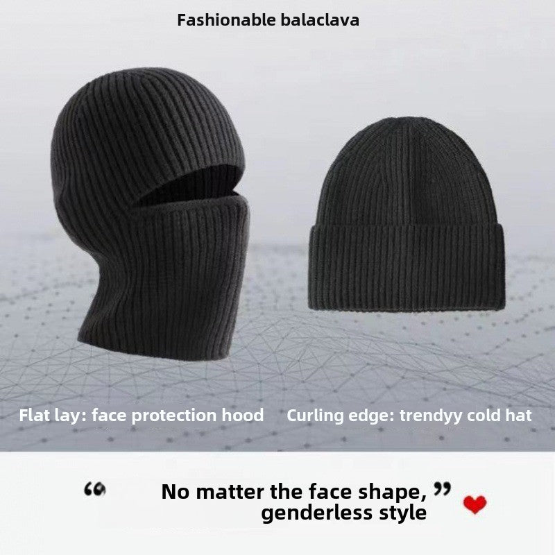 Balaclava hat, men's headgear, autumn and winter retro black wool knitted cold hat, windproof face mask