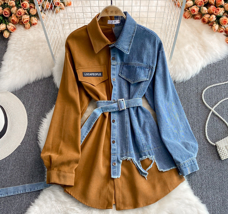 Denim Splicing Lapel Dress Spring and Autumn New Waist and Thin Irregular Medium and Long Shirt